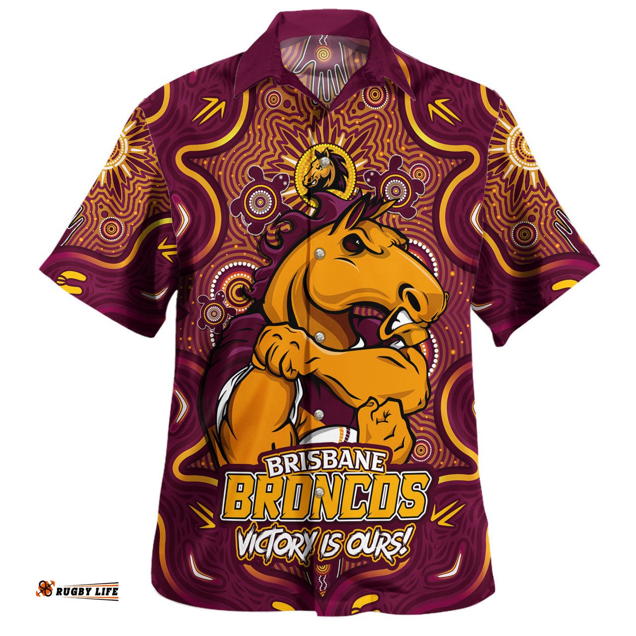 Amazing Aussie Brisbane Broncos Aboriginal Pattern Inspired Victory Is Ours Hawaiian Shirt