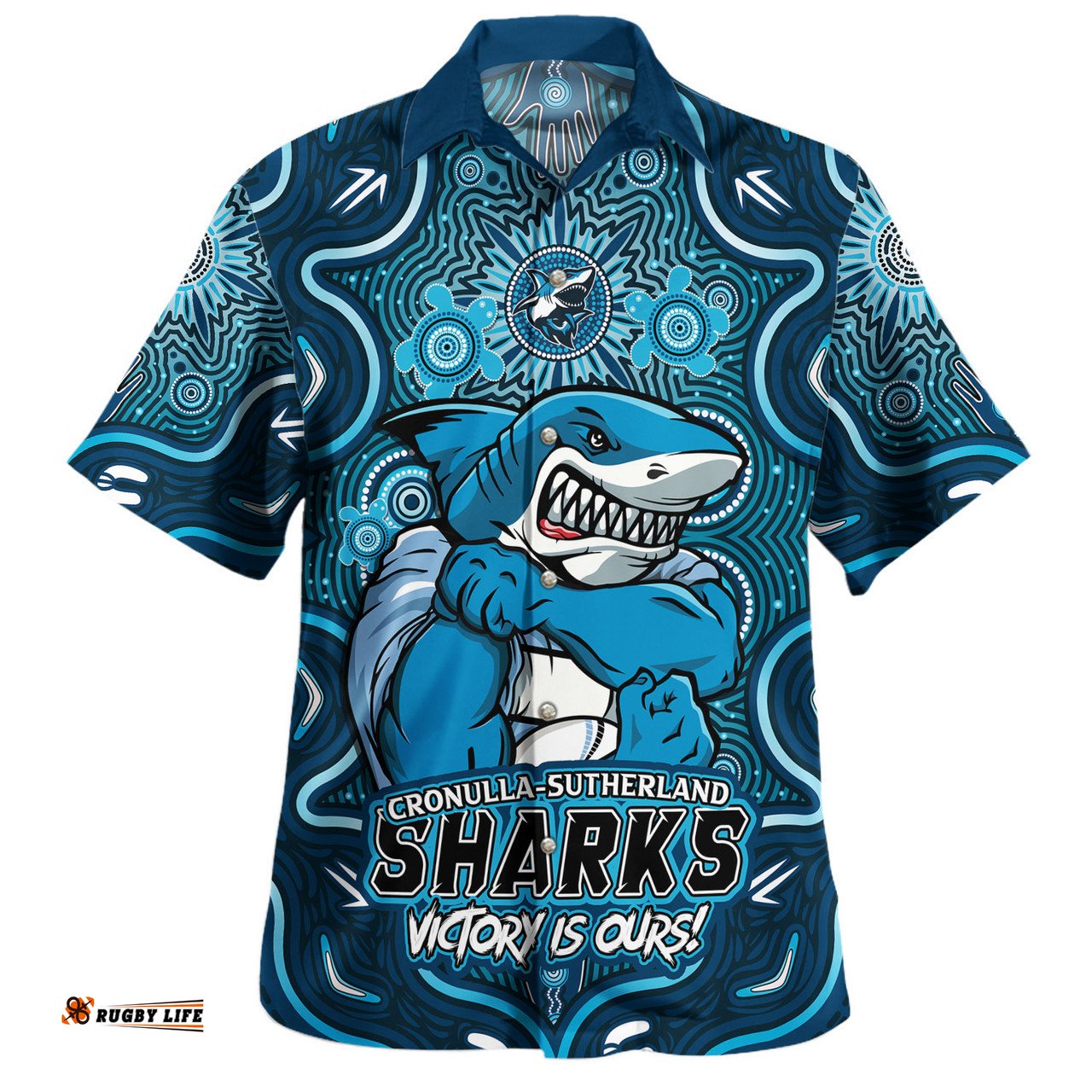 Amazing Aussie Cronulla Sutherland Sharks Aboriginal Pattern Inspired Victory Is Ours Hawaiian Shirt