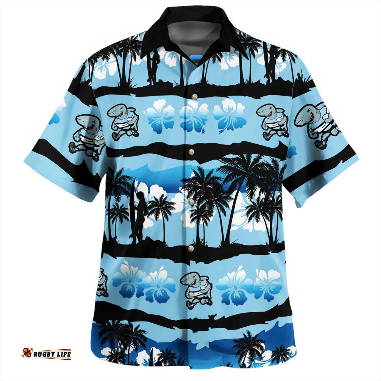 Amazing Aussie Cronulla Sutherland Sharks Tropical Hibiscus and Coconut Trees Hawaiian Shirt