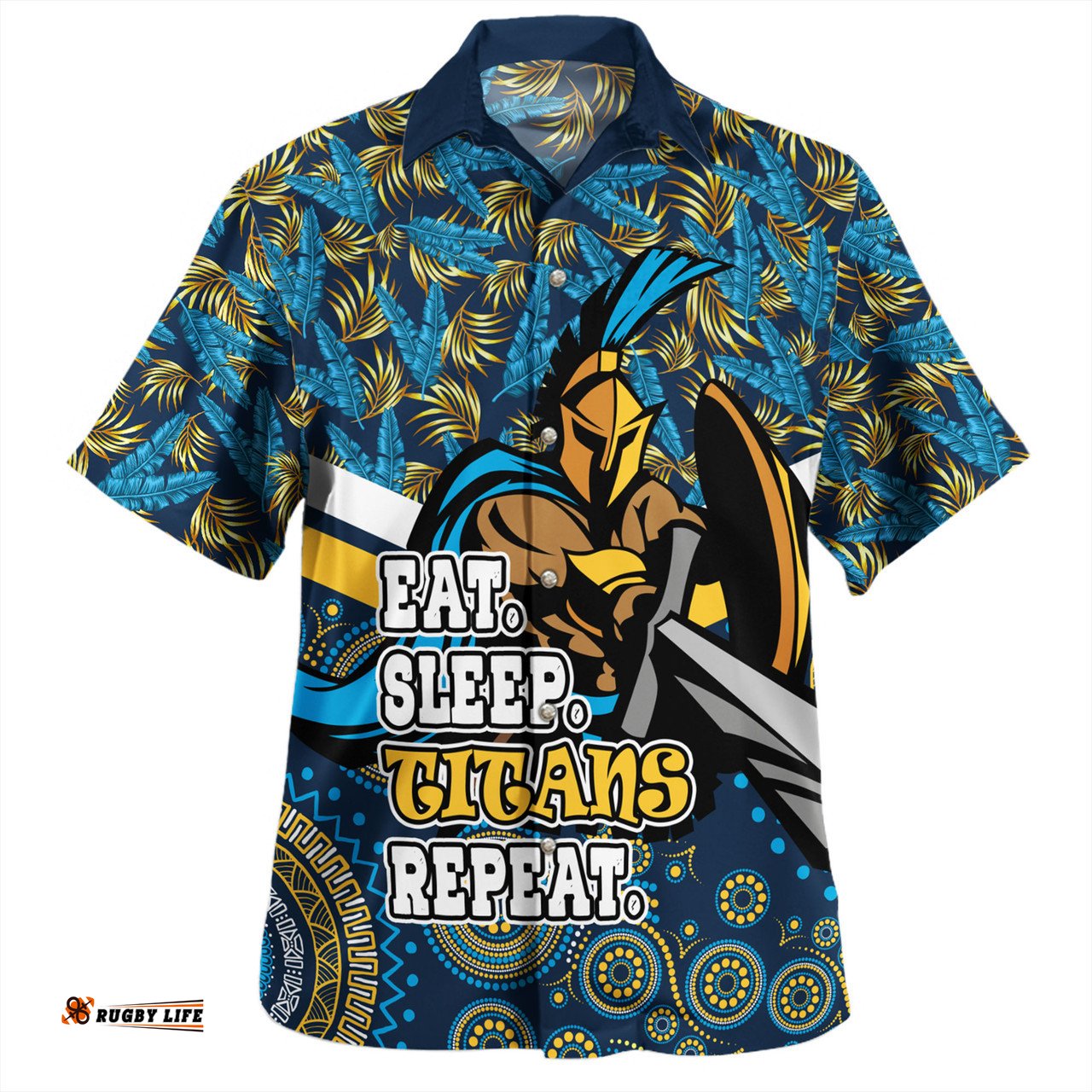 Amazing Aussie Gold Coast Titans Sport Tropical Patterns And Dot Painting Eat Sleep Rugby Repeat Hawaiian Shirt