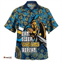 Amazing Aussie Gold Coast Titans Sport Tropical Patterns And Dot Painting Eat Sleep Rugby Repeat Hawaiian Shirt