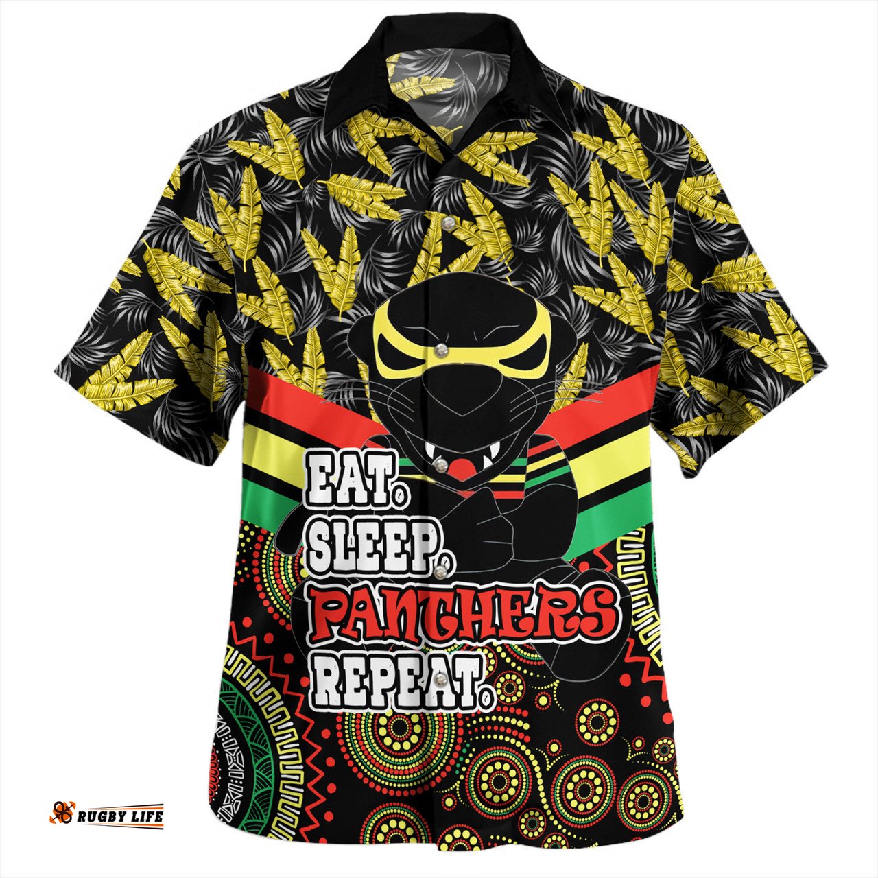 Amazing Aussie Penrith Panthers Tropical Patterns And Dot Painting Eat Sleep Rugby Repeat Hawaiian Shirt