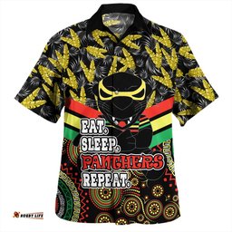 Amazing Aussie Penrith Panthers Tropical Patterns And Dot Painting Eat Sleep Rugby Repeat Hawaiian Shirt