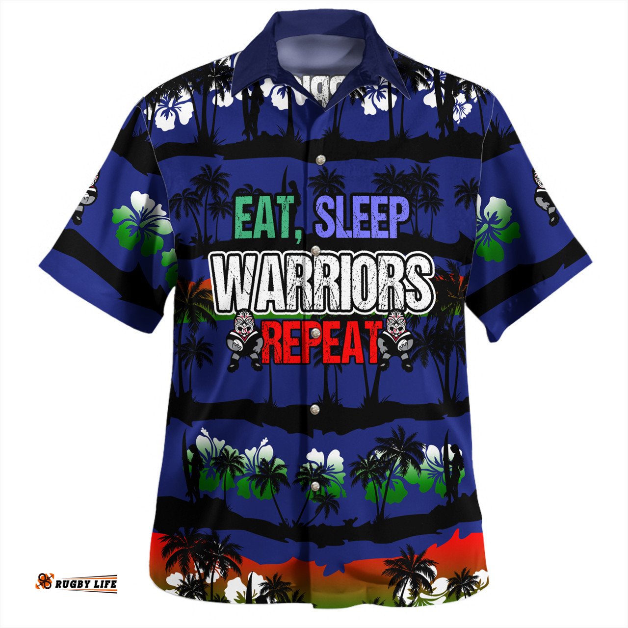 Amazing Aussie New Zealand Warriors Sport Eat Sleep Repeat With Tropical Patterns Hawaiian Shirt