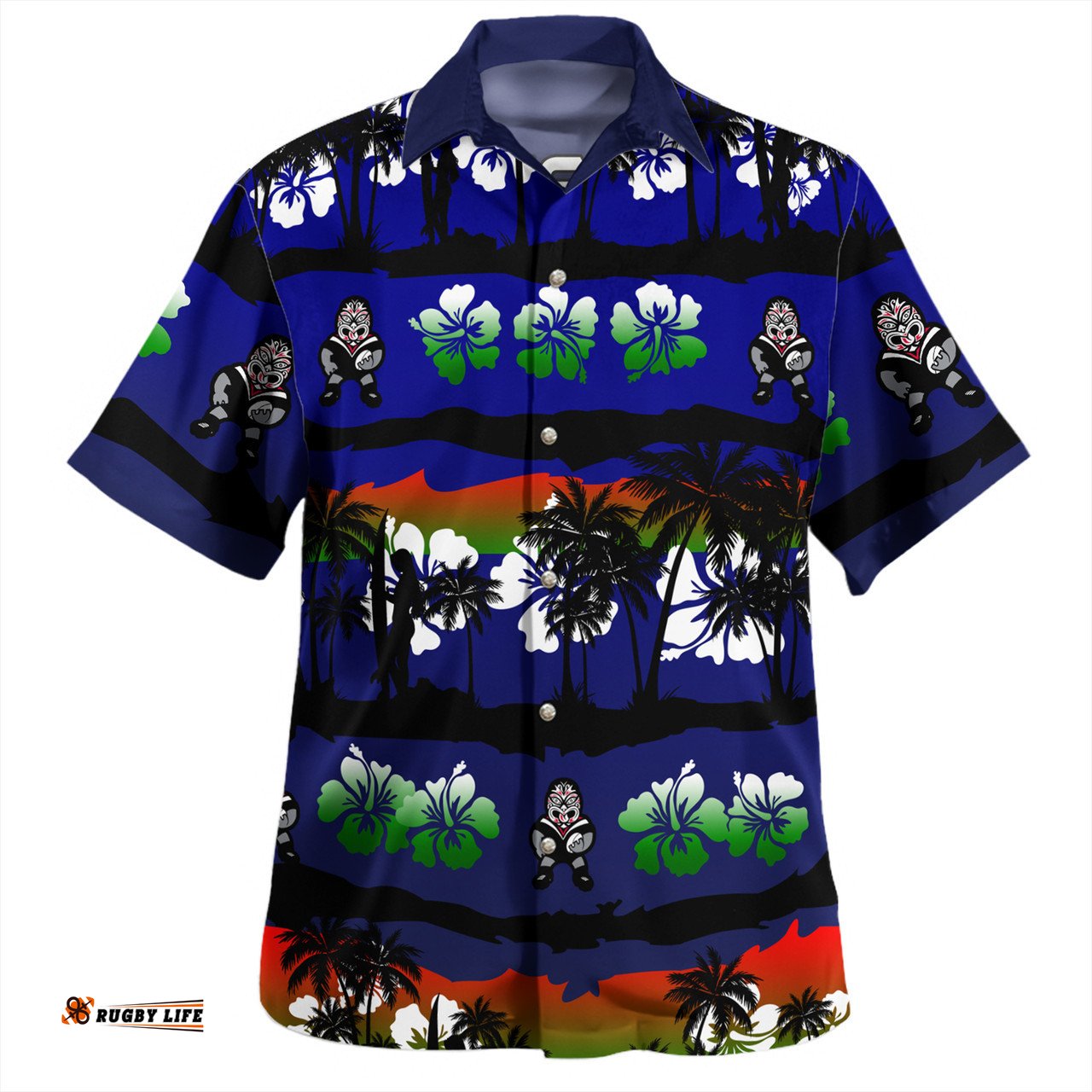 Amazing Aussie New Zealand Warriors Sport Tropical Hibiscus and Coconut Trees Hawaiian Shirt