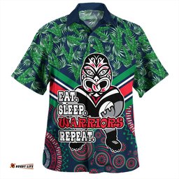 Amazing Aussie New Zealand Warriors Sport Tropical Patterns And Dot Painting Eat Sleep Rugby Repeat Hawaiian Shirt