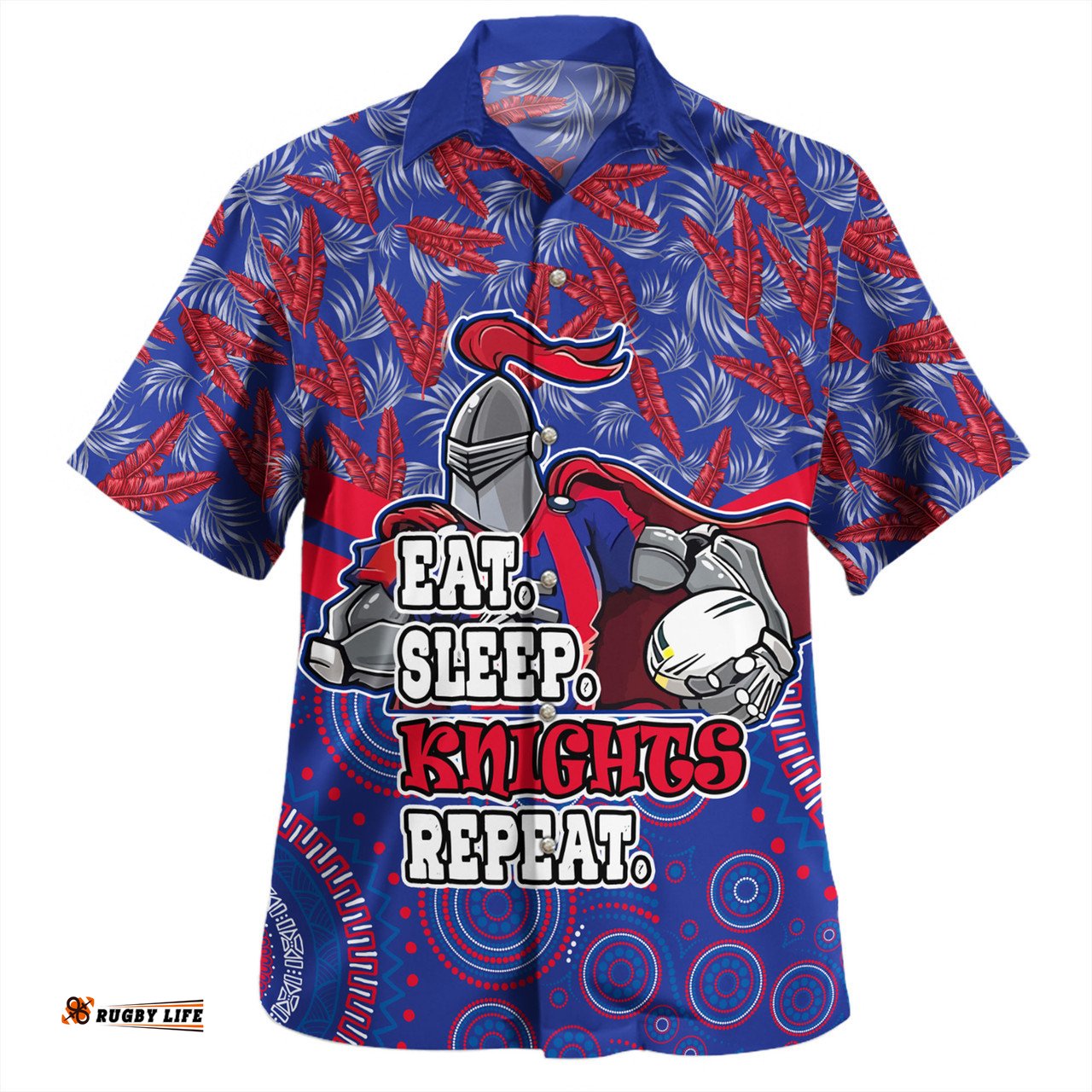 Amazing Aussie Newcastle Knights Sport Tropical Patterns And Dot Painting Eat Sleep Rugby Repeat Hawaiian Shirt