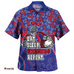 Amazing Aussie Newcastle Knights Sport Tropical Patterns And Dot Painting Eat Sleep Rugby Repeat Hawaiian Shirt