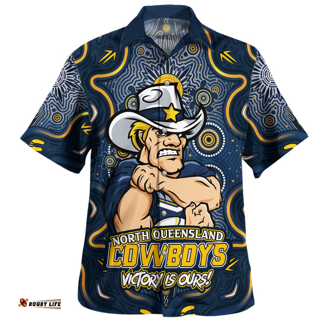 Amazing Aussie North Queensland Cowboys Aboriginal Pattern Inspired Victory Is Ours Hawaiian Shirt