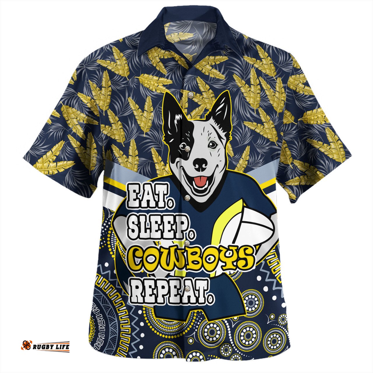 Amazing Aussie North Queensland Cowboys Tropical Patterns And Dot Painting Eat Sleep Rugby Repeat Hawaiian Shirt