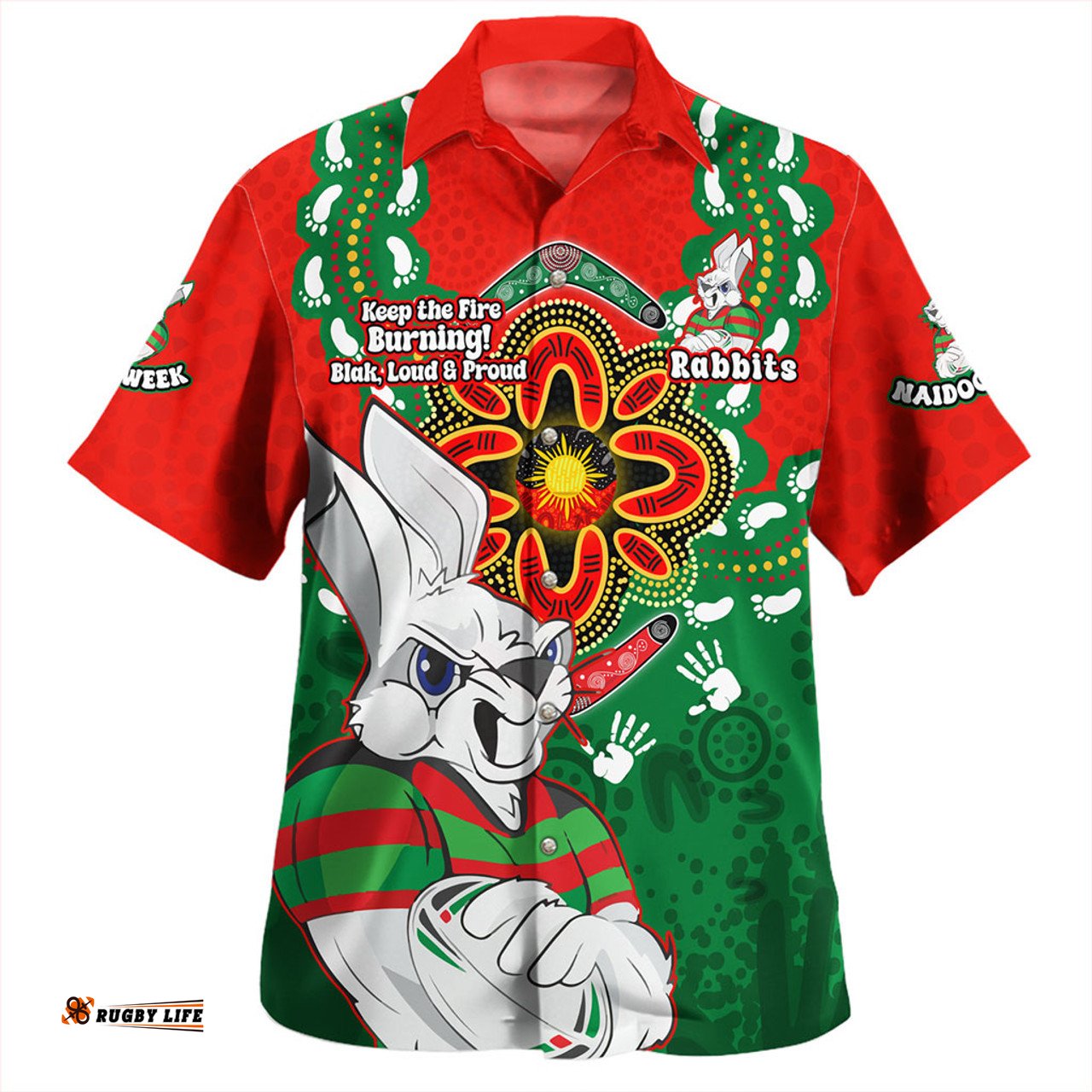 Amazing Aussie South Sydney Rabbitohs Aboriginal Inspired Naidoc Symbol Pattern Hawaiian Shirt