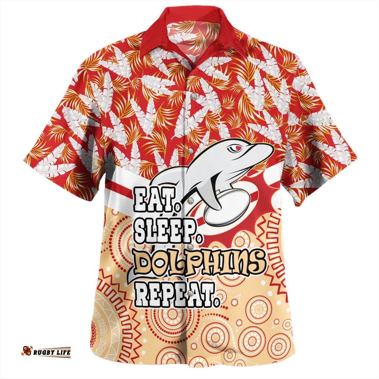 Amazing Aussie Redcliffe Dolphins Tropical Patterns And Dot Painting Eat Sleep Rugby Repeat Hawaiian Shirt