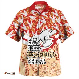 Amazing Aussie Redcliffe Dolphins Tropical Patterns And Dot Painting Eat Sleep Rugby Repeat Hawaiian Shirt