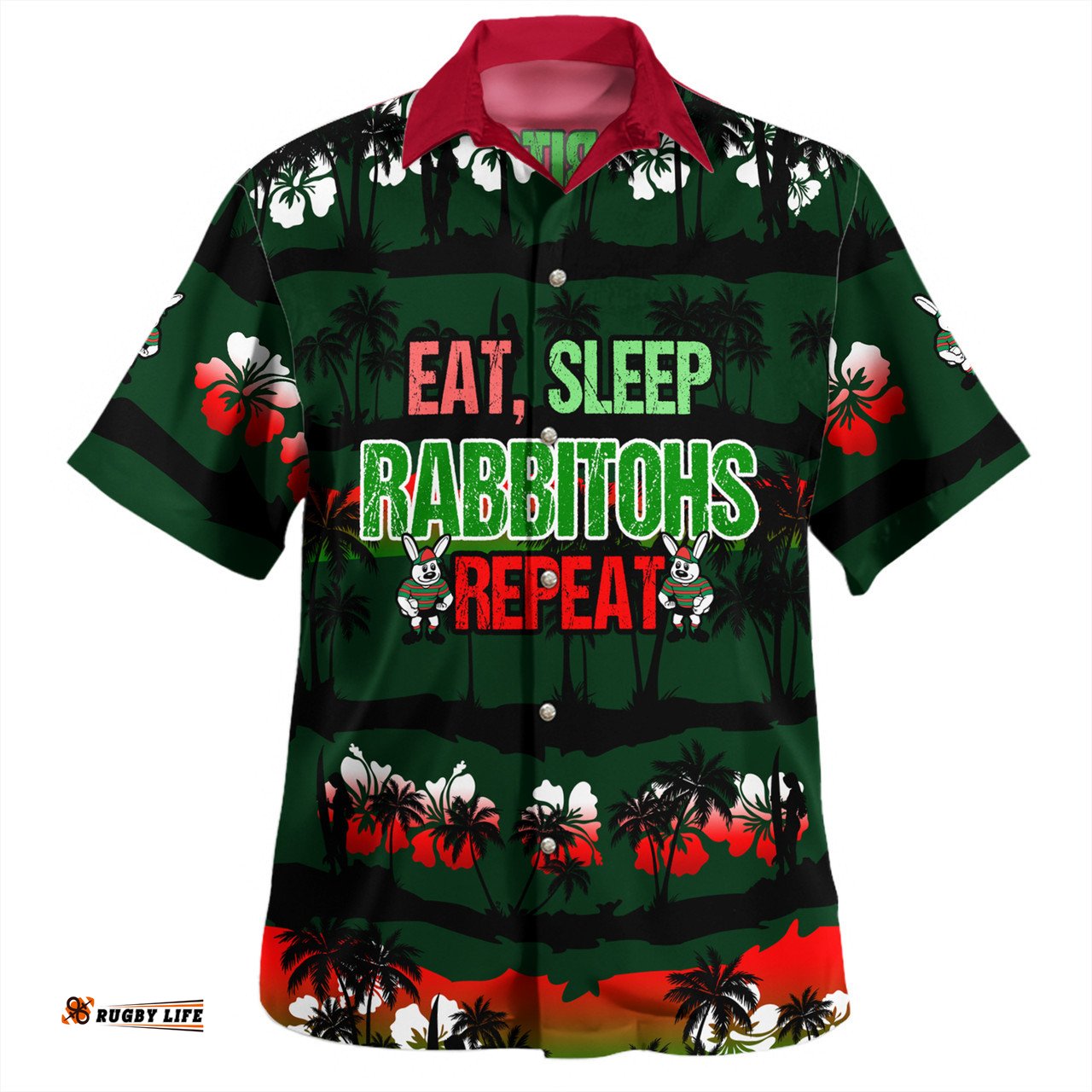 Amazing Aussie South Sydney Rabbitohs Eat Sleep Repeat With Tropical Patterns Hawaiian Shirt