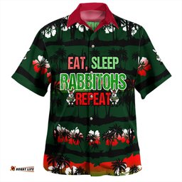 Amazing Aussie South Sydney Rabbitohs Eat Sleep Repeat With Tropical Patterns Hawaiian Shirt