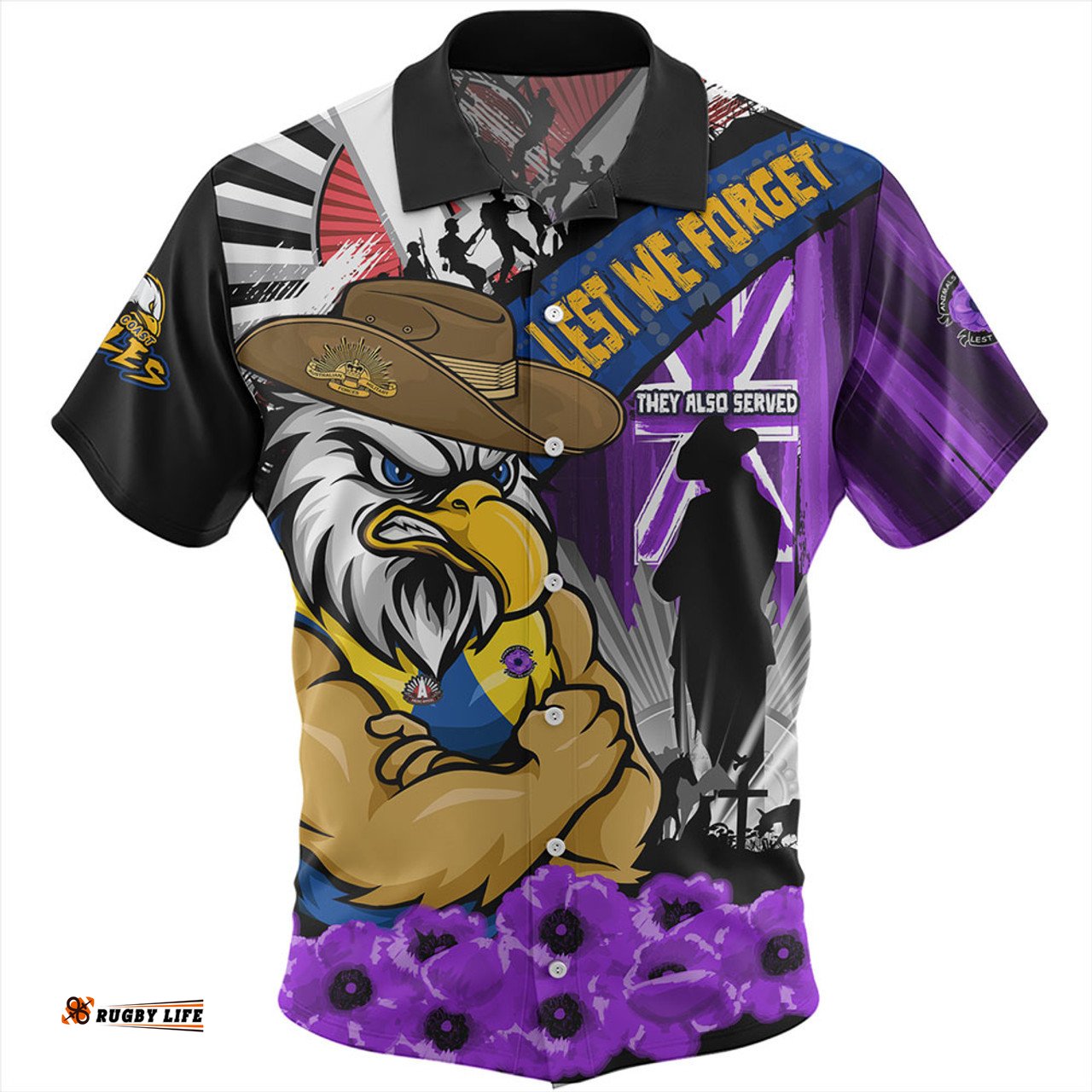Amazing Aussie West Coast Eagles ANZAC Day Honor Purple Valor And Spirit Hawaiian Shirt