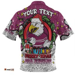 Amazing Aussie Manly Warringah Sea Eagles Christmas Custom Merry Christmas Our Beloved Team With Aboriginal Dot Art Pattern Hawaiian Shirt