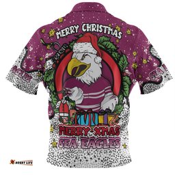 Amazing Aussie Manly Warringah Sea Eagles Christmas Custom Merry Christmas Our Beloved Team With Aboriginal Dot Art Pattern Hawaiian Shirt
