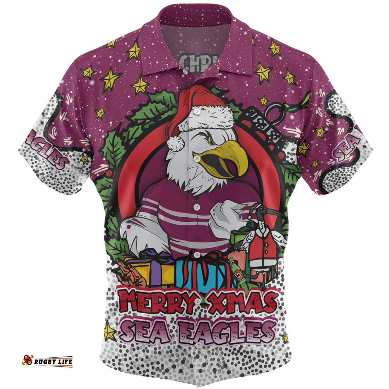 Amazing Aussie Manly Warringah Sea Eagles Christmas Custom Merry Christmas Our Beloved Team With Aboriginal Dot Art Pattern Hawaiian Shirt