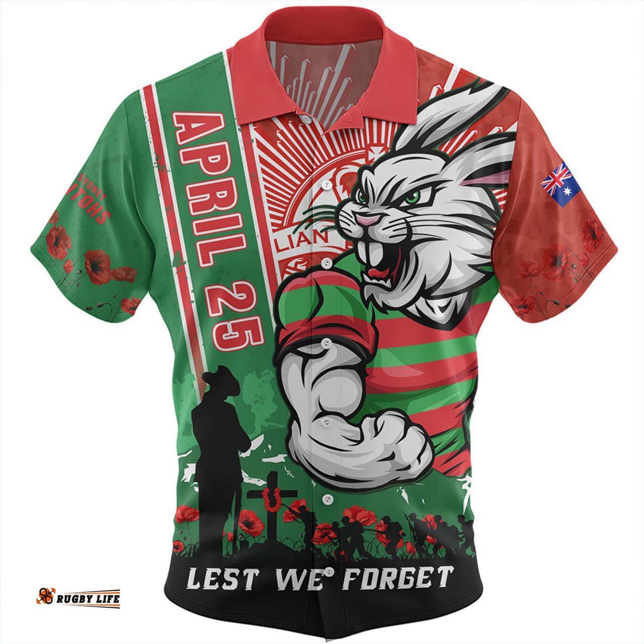 Amazing Aussie South Sydney Rabbitohs Anzac Day Lest We Forget Strong Fighting Spirit Hawaiian Shirt