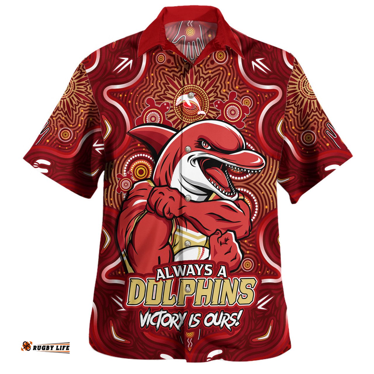 Amazing Aussie Redcliffe Dolphins Aboriginal Pattern Inspired Victory Is Ours Hawaiian Shirt