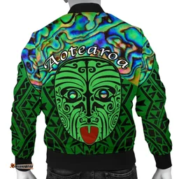 Integrity Maori Ta Moko Men Bomber Jacket Kiwi and Paua Green K13