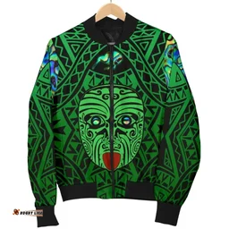 Integrity Maori Ta Moko Men Bomber Jacket Kiwi and Paua Green K13