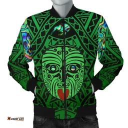 Integrity Maori Ta Moko Men Bomber Jacket Kiwi and Paua Green K13