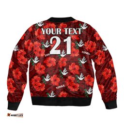 Custom Text And Number Tonga Rugby Bomber Jacket Polynesian Style With Hibiscus