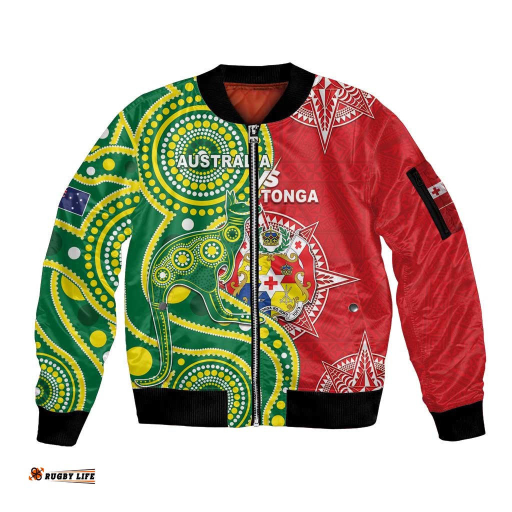 Custom Tonga Australia Rugby Sleeve Zip Bomber Jacket Kangaroos And Tonga Mate Maa Together