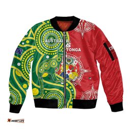 Custom Tonga Australia Rugby Sleeve Zip Bomber Jacket Kangaroos And Tonga Mate Maa Together