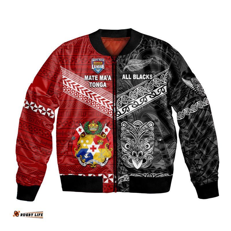 Custom Personalised Mate Ma'a Tonga Ngatu And New Zealand Maori All Black Aboriginal Bomber Jacket Rugby Together