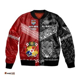 Custom Personalised Mate Ma'a Tonga Ngatu And New Zealand Maori All Black Aboriginal Bomber Jacket Rugby Together