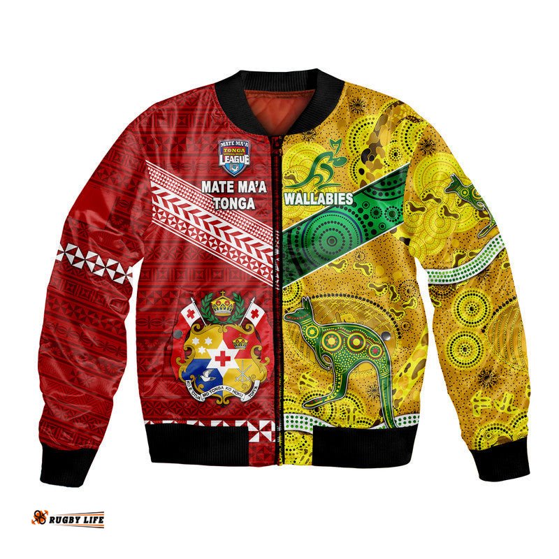 Mate Ma'a Tonga Ngatu And Australia Wallabies Aboriginal Bomber Jacket Rugby Together
