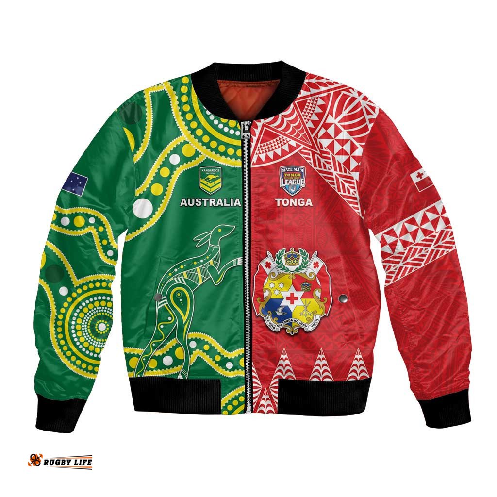 Custom Tonga XIII And Australia Kangaroos Bomber Jacket Mate Maa Tongan Ngatu With Aboriginal