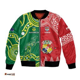 Custom Tonga XIII And Australia Kangaroos Bomber Jacket Mate Maa Tongan Ngatu With Aboriginal