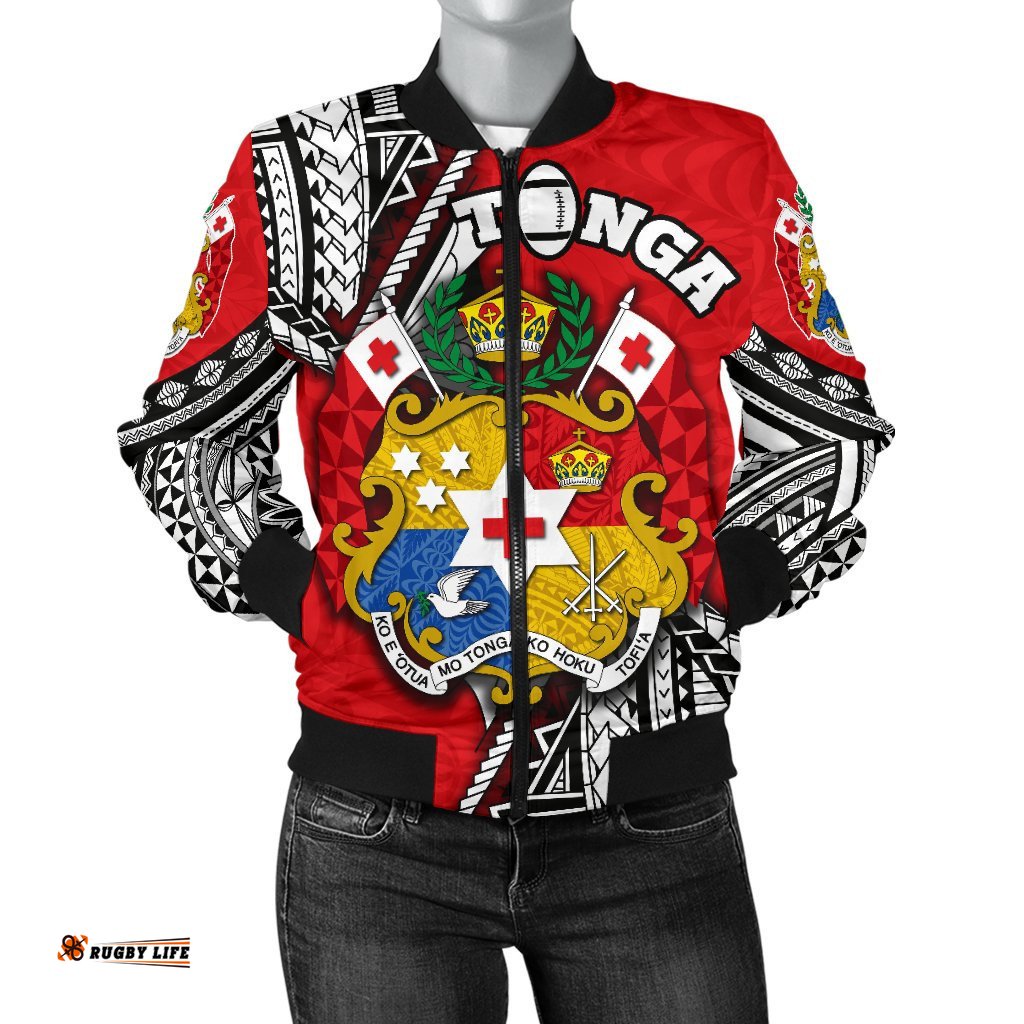 Custom Personalised Tonga Rugby Women Bomber Jacket Polynesian Style Pinwheel - Custom Text and Number