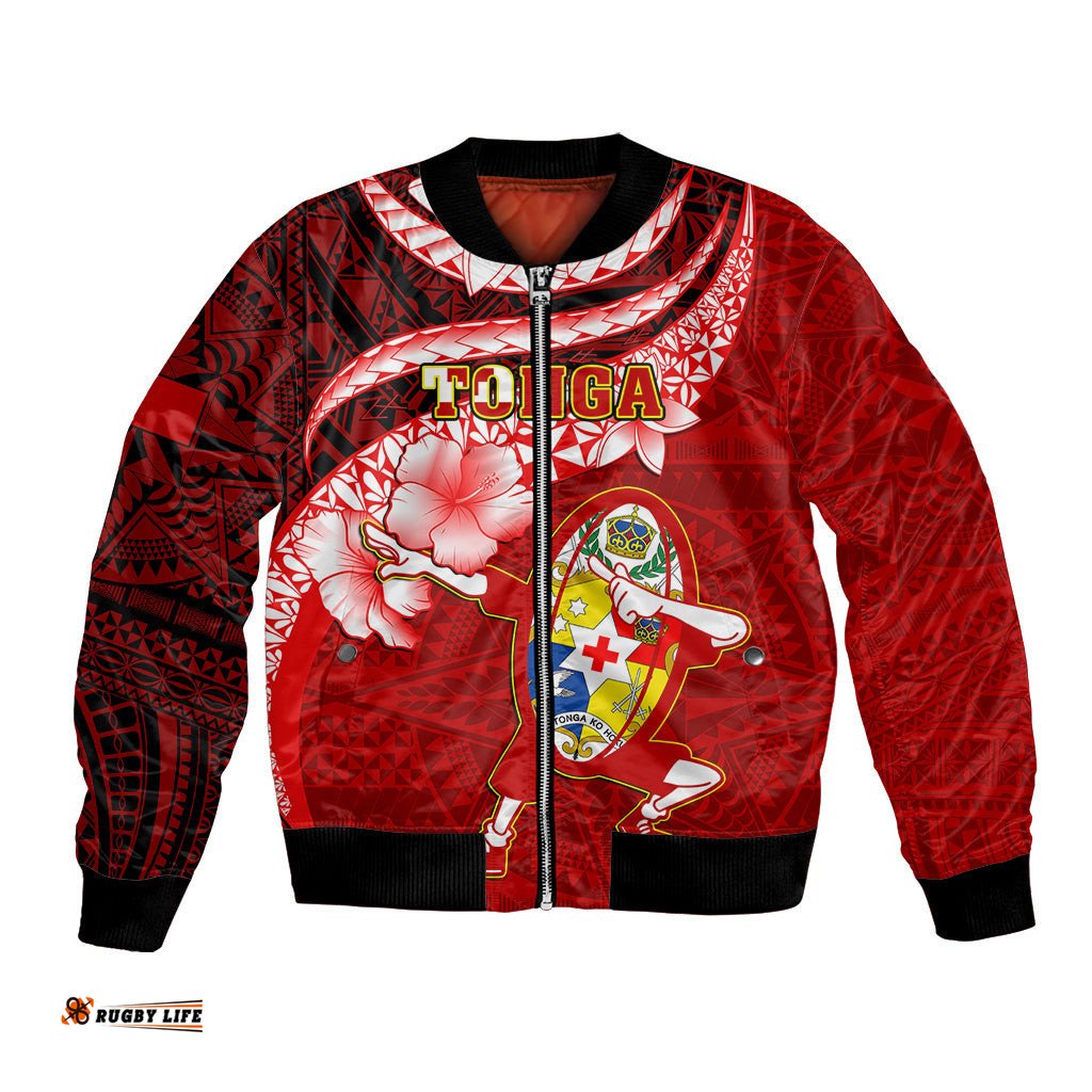 Custom Tonga Rugby Bomber Jacket Ikale Tahi Tongan Ngatu Pattern With Dabbing Ball