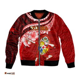 Custom Tonga Rugby Bomber Jacket Ikale Tahi Tongan Ngatu Pattern With Dabbing Ball