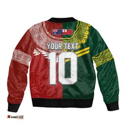 Custom Mate Ma'a Tonga and Australia Kangaroo Sleeve Zip Bomber Jacket Nation Seal with Mascot Aboriginal and Tongan Kupesi Ngatu Art