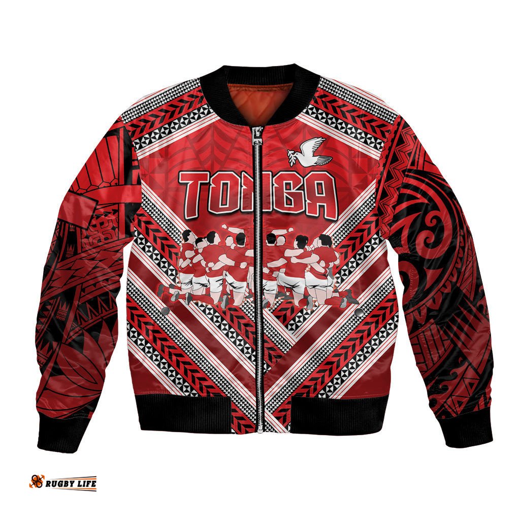 Custom Tonga Rugby Bomber Jacket Tonga Sipi Tau Ngatu Tribal Pattern