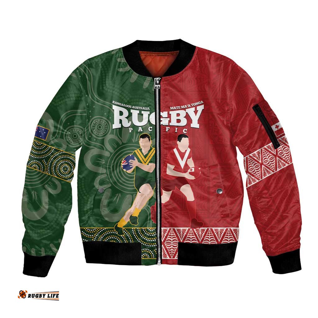 Custom Mate Maa Tonga And Kangaroo Australia Sleeve Zip Bomber Jacket Tongan Kupesi Mix Aboriginal Art