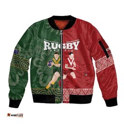 Custom Mate Maa Tonga And Kangaroo Australia Sleeve Zip Bomber Jacket Tongan Kupesi Mix Aboriginal Art