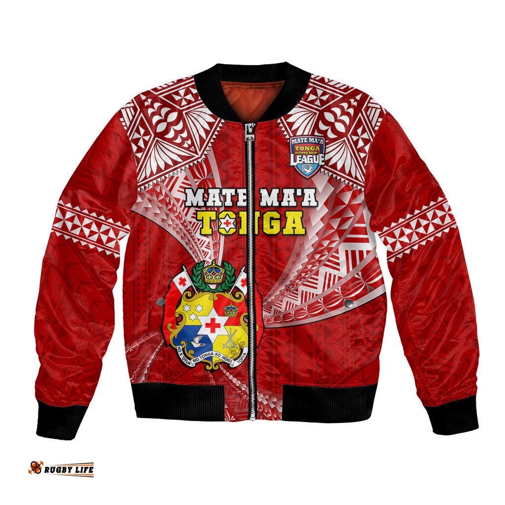 Custom Text And Number Tonga Rugby Bomber Jacket Mate Maa Tonga Pacific Tongan Ngatu