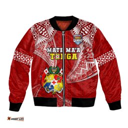 Custom Text And Number Tonga Rugby Bomber Jacket Mate Maa Tonga Pacific Tongan Ngatu