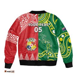 Custom Tonga XIII And Australia Kangaroos Sleeve Zip Bomber Jacket Mate Maa Tongan Ngatu With Aboriginal
