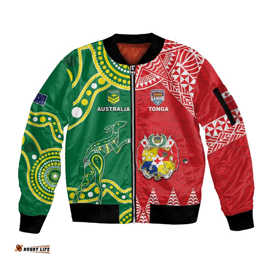Custom Tonga XIII And Australia Kangaroos Sleeve Zip Bomber Jacket Mate Maa Tongan Ngatu With Aboriginal