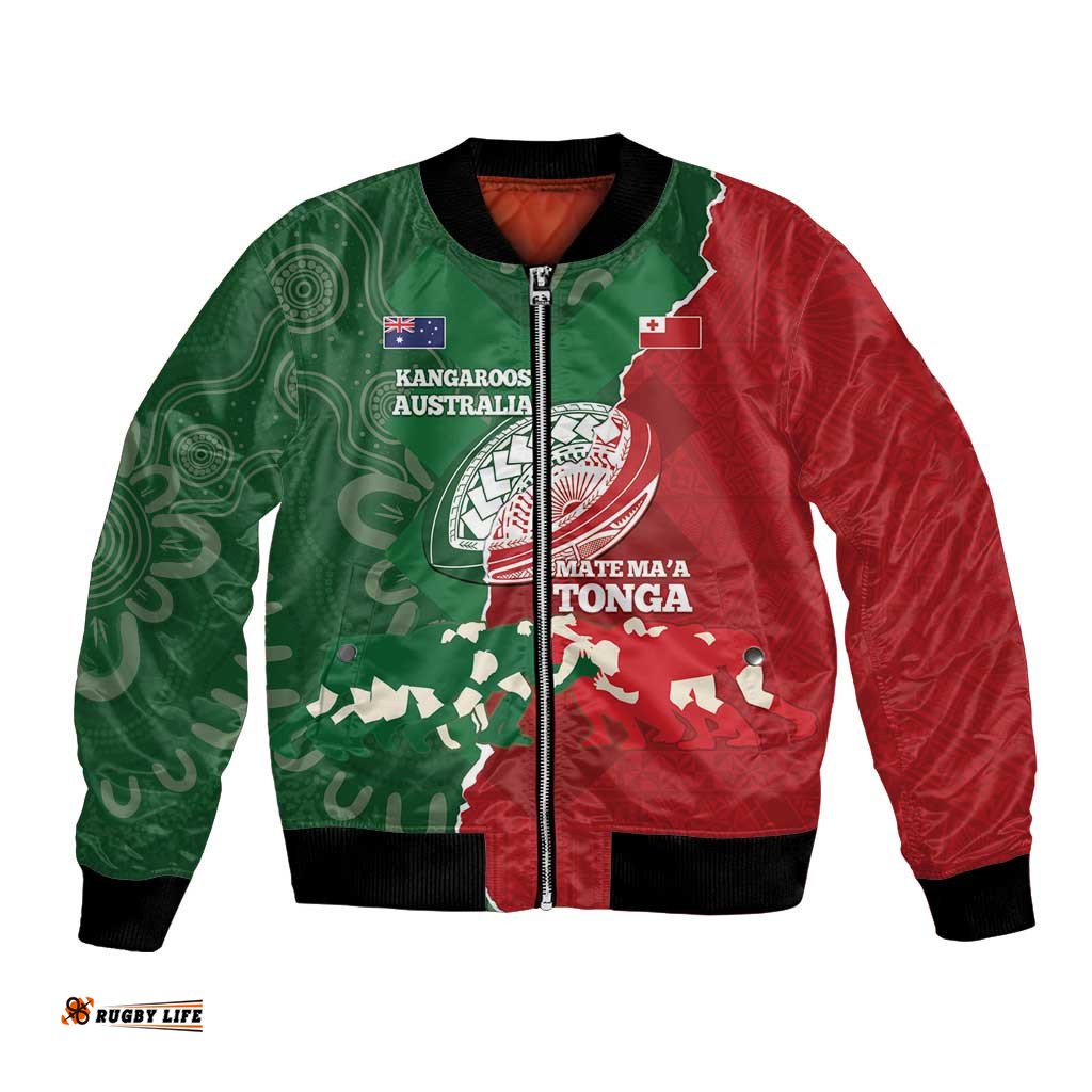 Custom Tonga And Australia Rugby Bomber Jacket Mate Maa Tongan Ngatu Mix Kangaroos Aboriginal