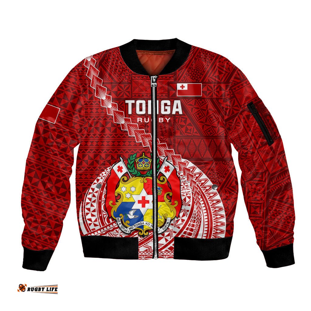 Custom Tonga Rugby Sleeve Zip Bomber Jacket Tongan Ngatu Pattern White Version