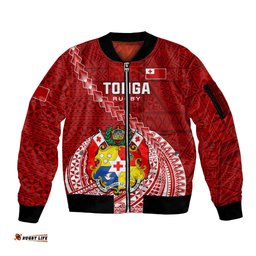 Custom Tonga Rugby Sleeve Zip Bomber Jacket Tongan Ngatu Pattern White Version